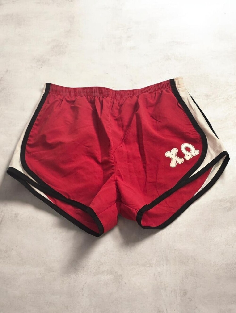 BoxerCraft Chi Omega Red Retro Running Shorts with White Side Panels